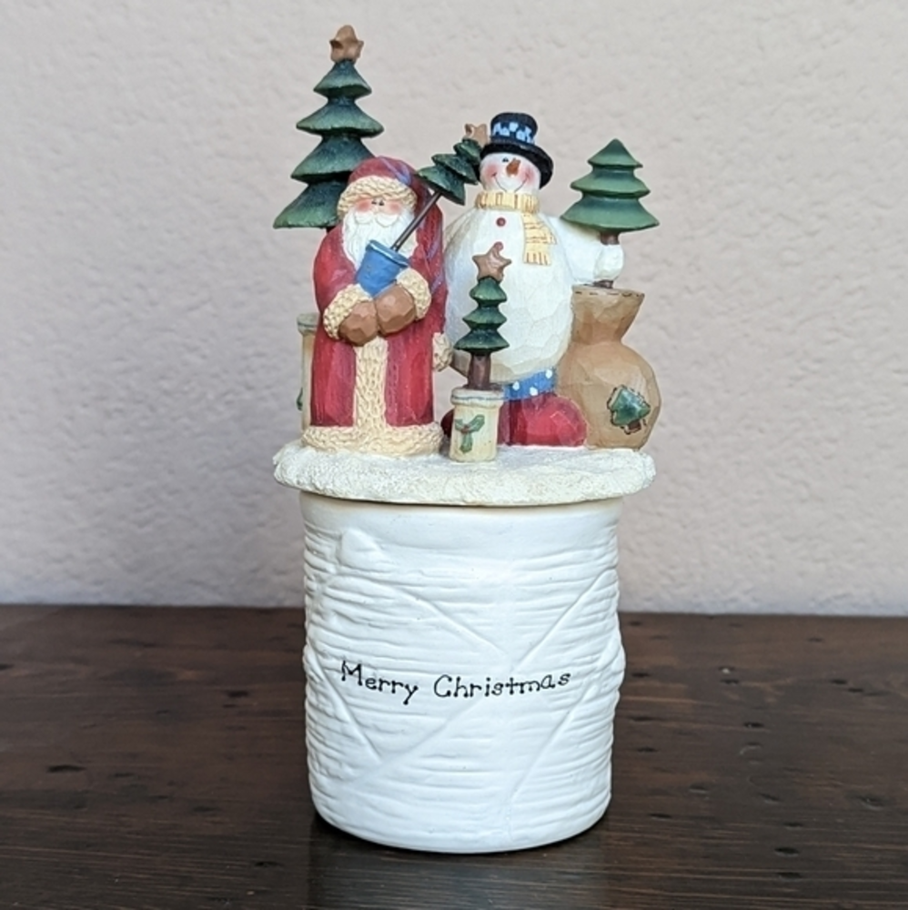 VTG Rustic Christmas Candle Holder With Topper Santa‎ And Snowman 7 1/2"